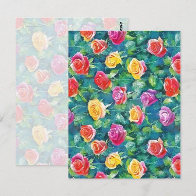 Blooming garden rose bush watercolor pattern vykort (Fram/baksida)