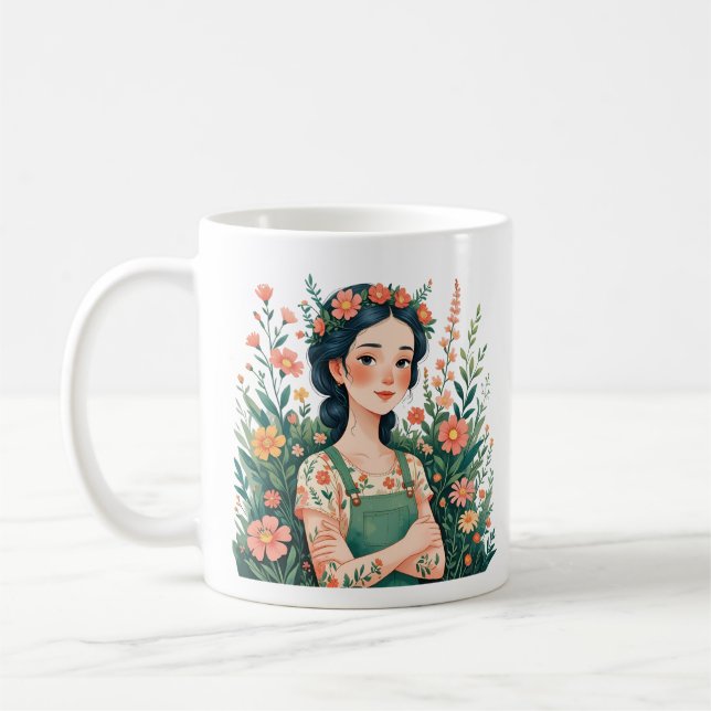 Blooming Gardener - Lady Gardener with Flowers Kaffemugg (Vänster)