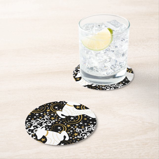 Blooming Golden Julens Blommigt Hjort Underlägg Papper Rund (Insitu)