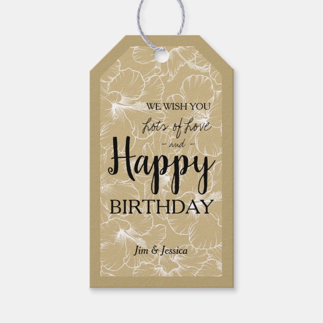 Blooming Hibiscus Blommigt Sketch Guld Presentetikett (Framsidan)