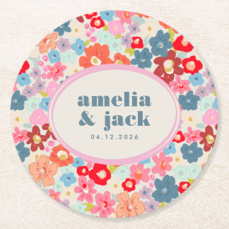 Blooming Joy Bright Floral Maximalist Wedding Underlägg Papper Rund