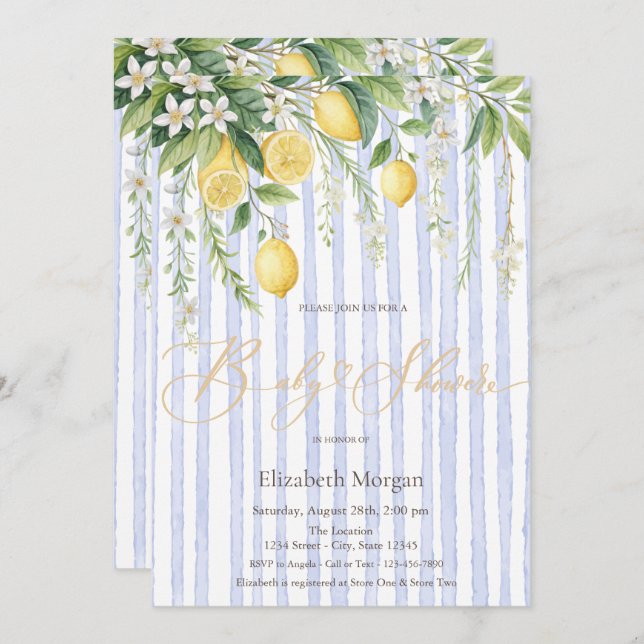  Blooming Lemons Blue Striped Baby Shower Inbjudningar (Fram/baksida)