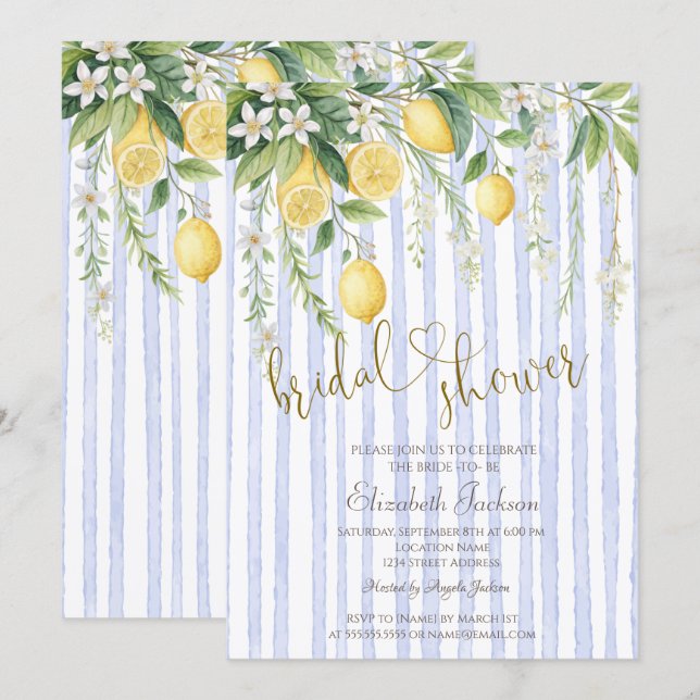  Blooming Lemons Blue Stripes Bridal Shower  Inbjudningar (Fram/baksida)