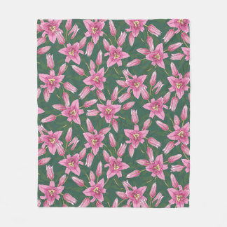 Blooming Lilies in Deep Green Fleece Blanket