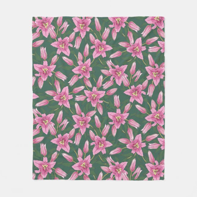 Blooming Lilies in Deep Green Fleece Blanket (Framsidan)