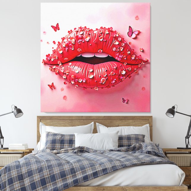 Blooming Lips: Floral Butterfly Kiss Canvastryck (Insitu (sovrum))