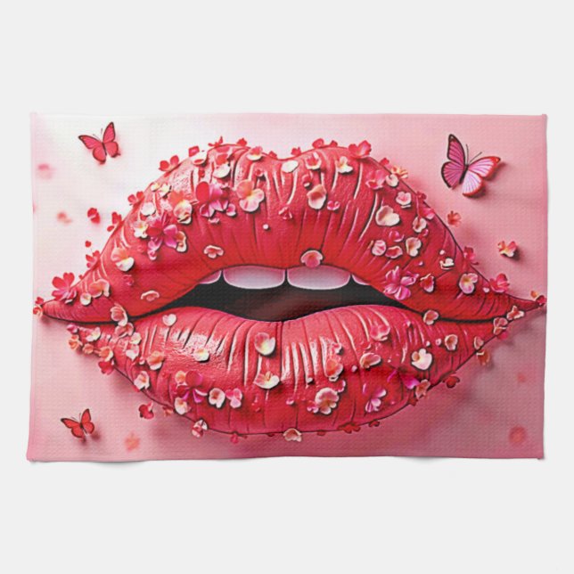Blooming Lips: Floral Butterfly Kiss Kökshandduk (Horisontell)