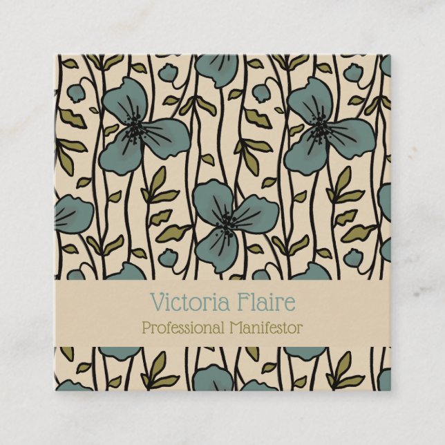 Blooming Lodrät Garden Delight Teal Blåa blommor Fyrkantigt Visitkort (Framsida)