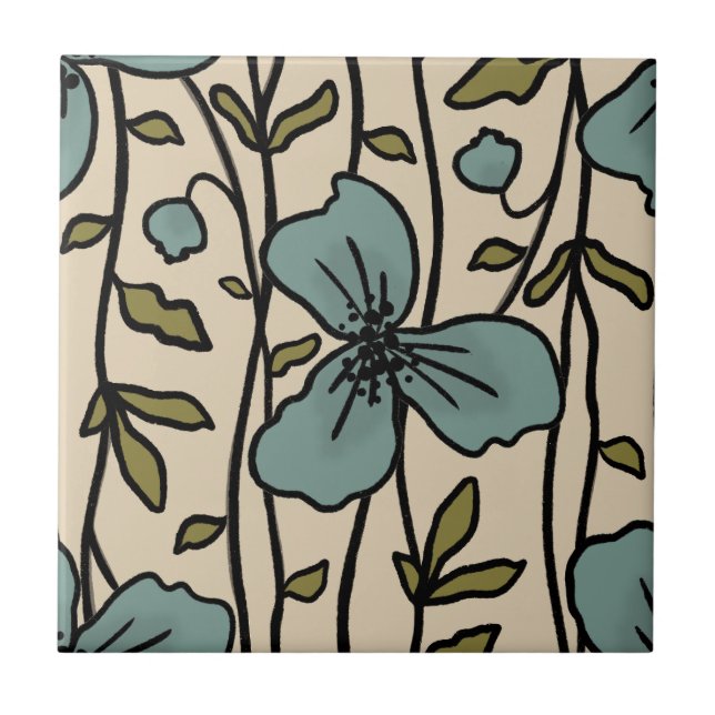 Blooming Lodrät Garden Delight Teal Blåa blommor Kakelplatta (Framsidan)