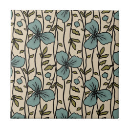 Blooming Lodrät Garden Delight Teal Blåa blommor Kakelplatta