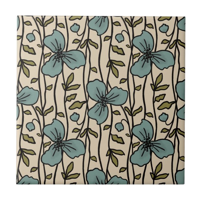 Blooming Lodrät Garden Delight Teal Blåa blommor Kakelplatta (Framsidan)