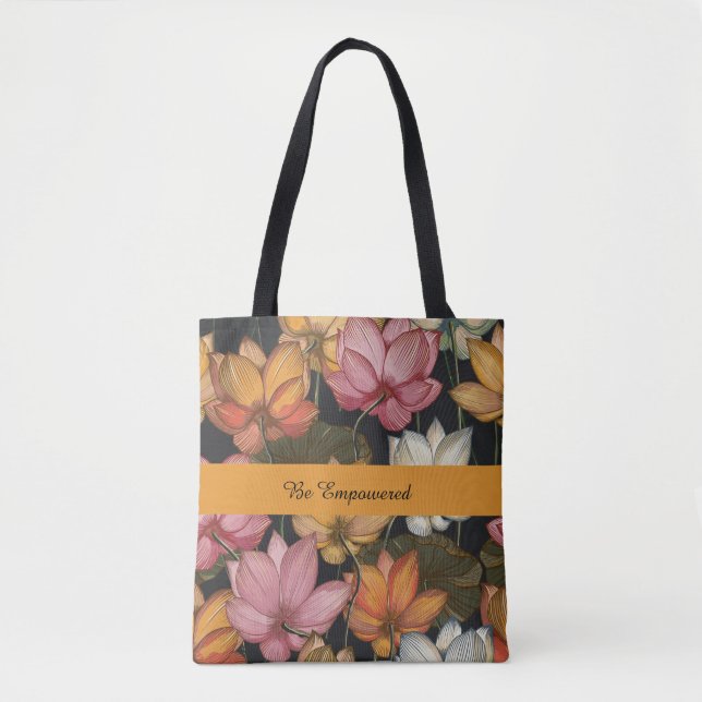 Blooming Lotus Vatten Lilies on Charcol Black Tote Tygkasse (Framsida)