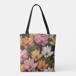 Blooming Lotus Vatten Lilies on Charcol Black Tote Tygkasse
