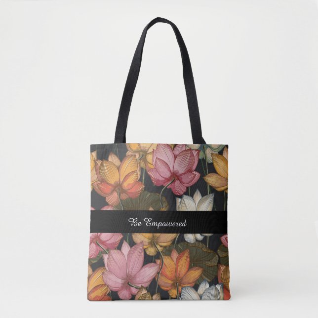 Blooming Lotus Vatten Lilies on Charcol Black Tote Tygkasse (Framsida)