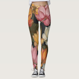 Blooming Lotus Vatten Lilies Rosa Gult på Black Leggings