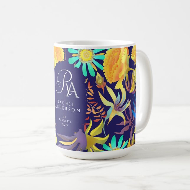 Blooming Mystical Blommigt Monogram Navy Kaffemugg (Framsida höger)