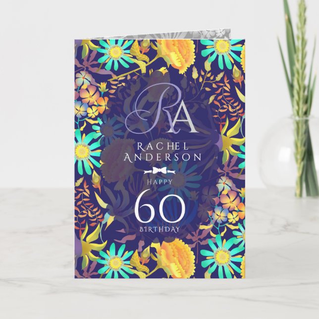 Blooming Mystical Floral Monogram Birthday Navy Kort (Framsida)