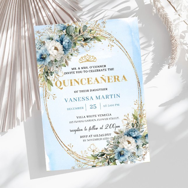 Blooming Pastel Blue Gold Eucalyptus Quinceañera  Inbjudningar (Blooming Pastel Blue Gold Eucalyptus Quinceañera Invite

)