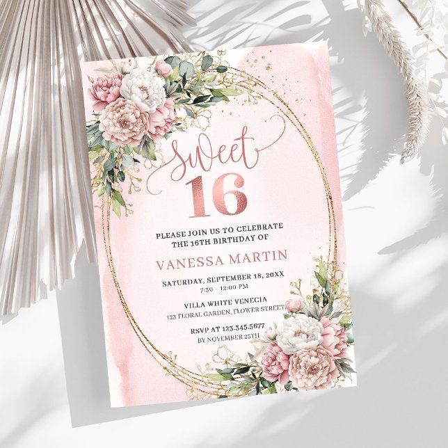 Blooming Pastel Pink Flowers Eucalyptus 16th Bday Inbjudningar (Blooming Pastel Pink Flowers Eucalyptus 16th Birthday Invite

)
