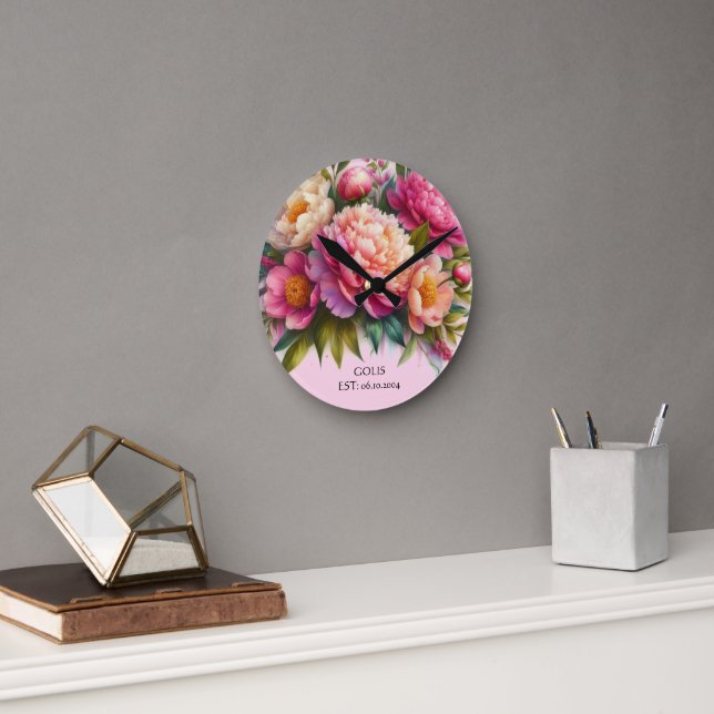 Blooming Peonies New Home Blommigt Wall Clock Rund Klocka (Kontor)