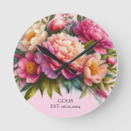 Blooming Peonies New Home Blommigt Wall Clock Rund Klocka
