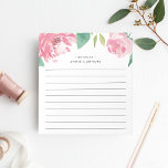 Blooming Peony | Längd Personlig Anteckningsblock<br><div class="desc">anteckningsblocket för blommigt av chic har en översta gräns av vattenfärgspinnblommor i pulserande rosa med löv av lush grönt. Anpassa med två linjer anpassningsbar text i modern stil,  som visas med Fransken hälsning bonjour och ditt namn. Längd.</div>