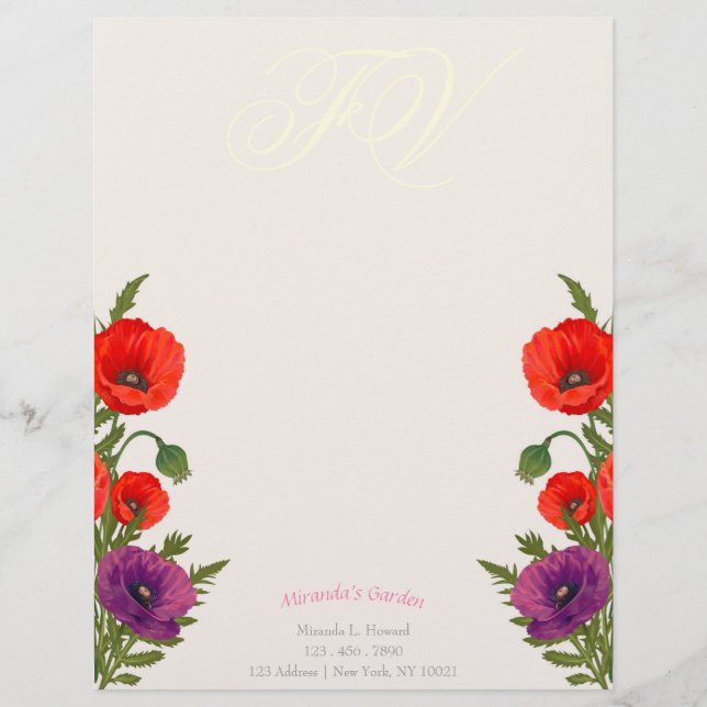 Blooming Poppy Monogram Blommigt Business Letterhe Brevhuvud (Framsida)