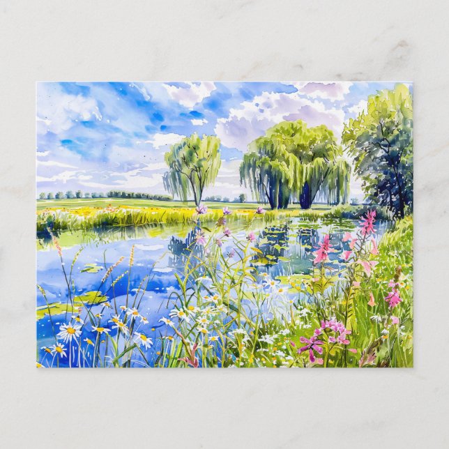 Blooming Riverbank Havelland Watercolor Stil Vykort (Framsida)