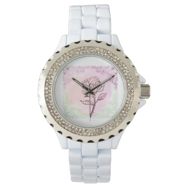 Blooming Rose White Ceramic Fashion Wrist Watch Armbandsur (Framsida)