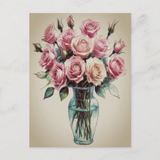 Blooming Roses Flowers Bouquet Vase Drawing Art Helg Vykort