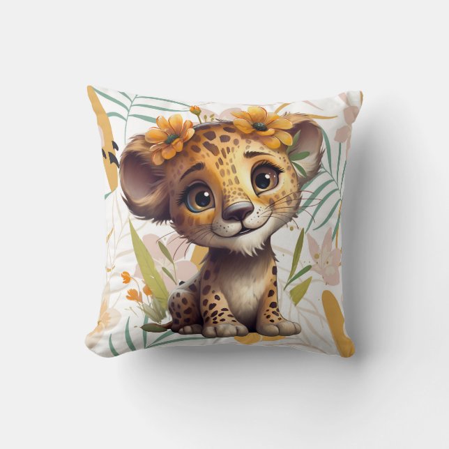 Blooming Safari Blommigt Cheetah Unge Nursery Kudde (Framsida)