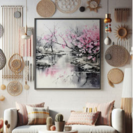 Blooming Sakura över Bläck Painting Fototryck