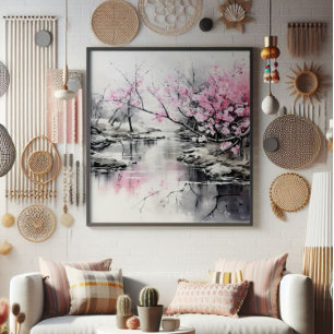 Blooming Sakura över Bläck Painting Fototryck