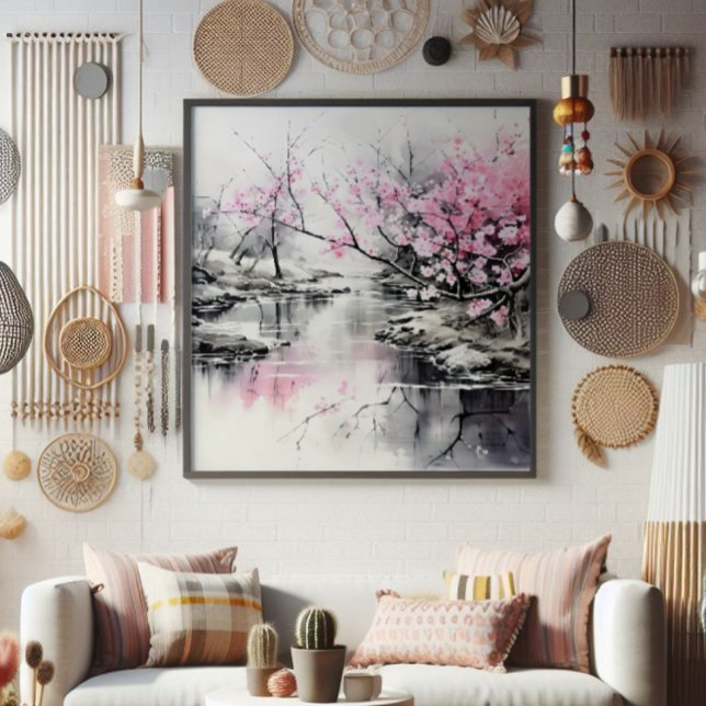 Blooming Sakura över Bläck Painting Fototryck (Skapare uppladdad)