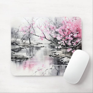 Blooming Sakura över Bläck Painting Musmatta
