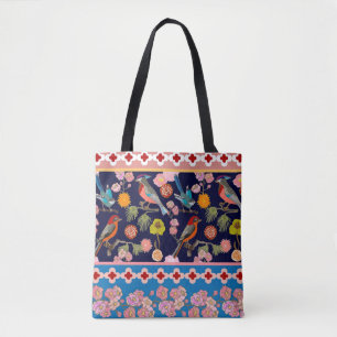 Blooming Summer Flowers and Playful Paradise Birds Tygkasse