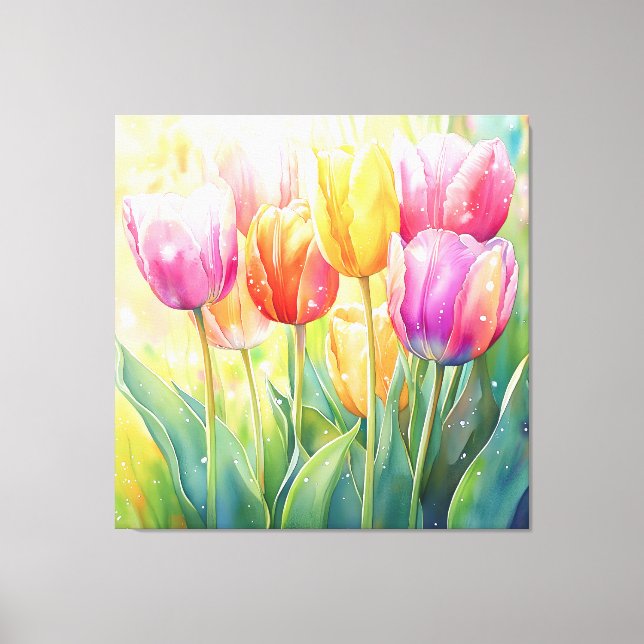 Blooming Watercolor Vår Tulip Garden Canvastryck (Framsida)