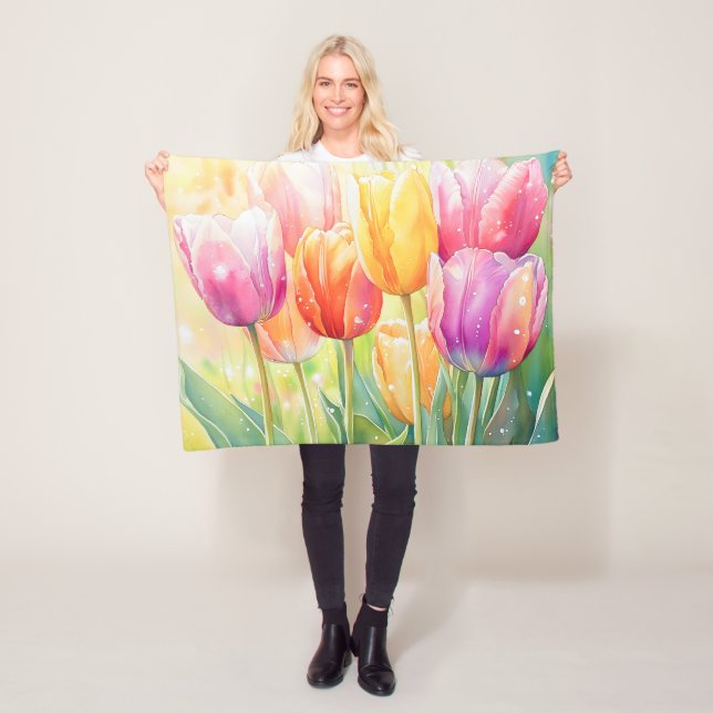 Blooming Watercolor Vår Tulip Garden Fleecefilt (På plats)