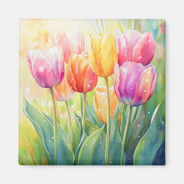 Blooming Watercolor Vår Tulip Garden Magnet (Framsidan)