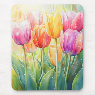 Blooming Watercolor Vår Tulip Garden Musmatta
