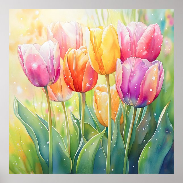 Blooming Watercolor Vår Tulip Garden Poster (Framsidan)
