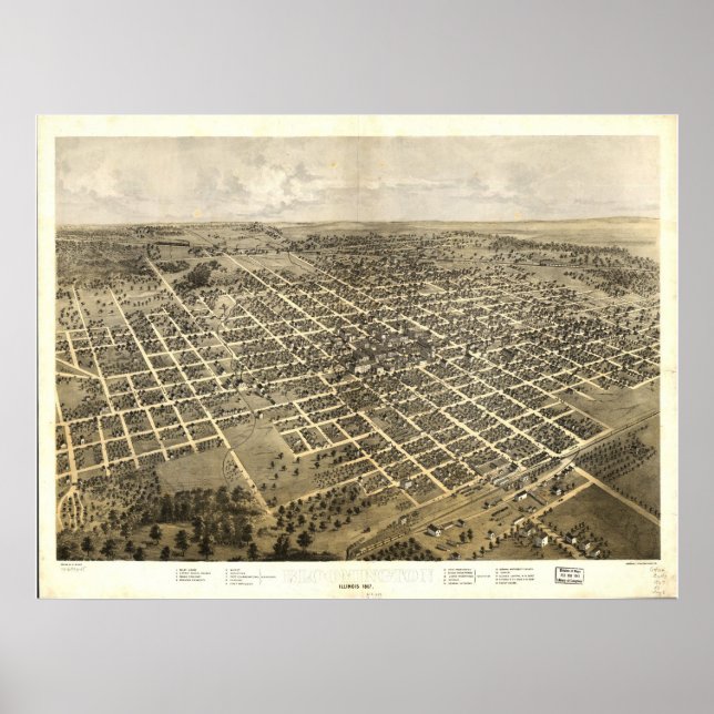Bloomington Illinois 1867 Antique Panoramic Karta Poster (Framsidan)