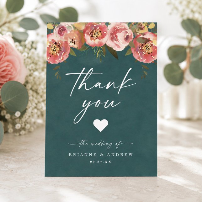 Bloomning Chic djup tealgrön bröllopsfoto  Tack Kort (Elegant thank you cards in deep teal with optional photo on back side)
