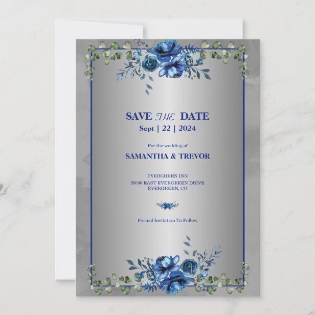 Blooms för grönt och metalliskt Guld: Spara datum Inbjudningar (Framsida)