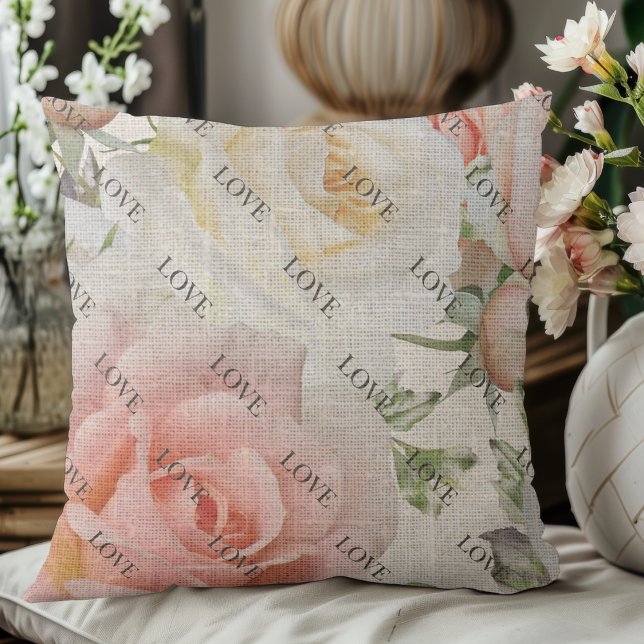 Blooms från Kärlek: Rosa och Vit ros på Linen Kudde (Skapare uppladdad)