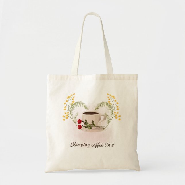 Bloowing Coffee Time Floral Aesthetic Tote Bag Tygkasse (Framsidan)