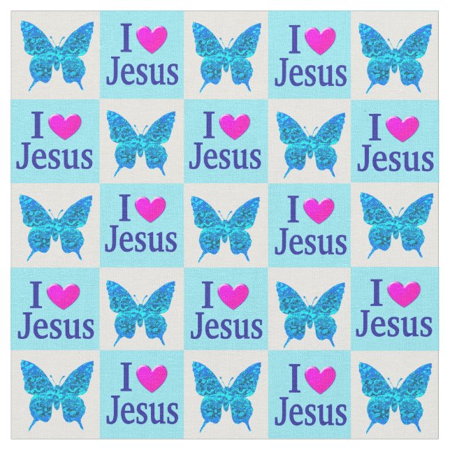 BLÖS BLÅ BUTTRYCKLIGEN I KÄRLEK JESUS FABRIC TYG (Närbild)