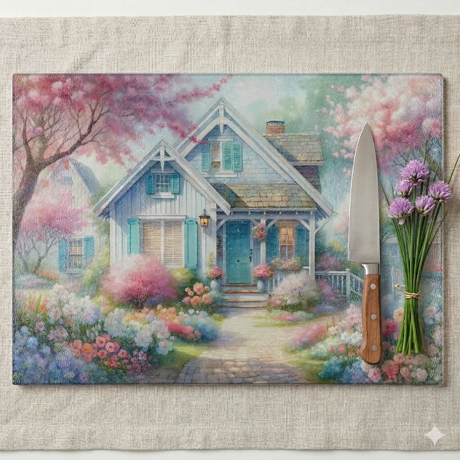 Blossom Lane Blå Stugträdgård (Blossom Lane Blue Cottage Garden Cutting Board On Linen Cloth)