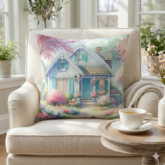 Blossom Lane Blå Stuguträdgård Kudde (Blossom Lane Blue Cottage Garden Throw Pillow Mockup A)