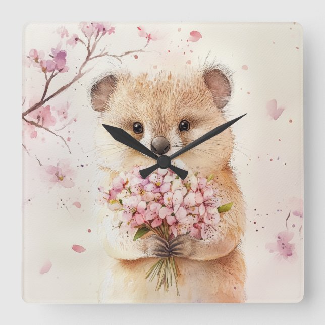 Blossom Quokka Väggurklocka Fyrkantig Klocka (Framsida)